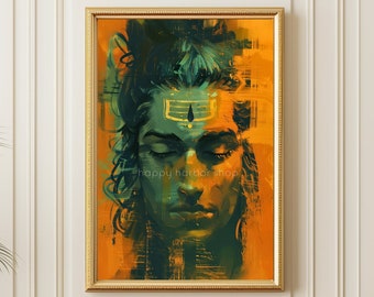 Può includere: Un dipinto digitale di una persona con un terzo occhio, un simbolo tradizionale della consapevolezza spirituale, in uno schema di colori verde e arancione. Il dipinto è incorniciato in una cornice dorata.