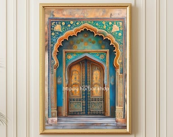 May include: A framed print of a colorful, ornate doorway with intricate details in shades of blue, green, gold, and orange. The doorway is arched and has two large, wooden doors with intricate carvings. The print is set against a white wall with white trim.
