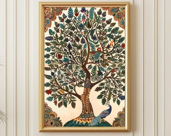 Baum des Lebens mit Pfau, Kalamkari Baum des Lebens, Vintage indische Volkskunst, traditionelles südasiatisches Poster, druckbare Wandkunst