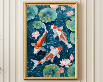 Lotus pond and Koi fish art, Gouache painting, Koi painting, Wall Art Print