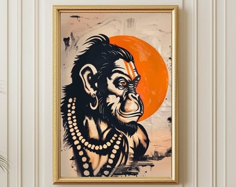 Hanuman Chalisa schilderij hindoe muurkunst aap god, traditionele Indiase poster, canvas Hanuman Ji
