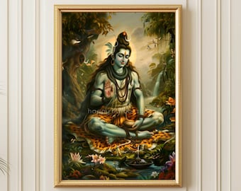 May include: A framed print of a Hindu deity in a meditative pose, set against a lush, detailed landscape. The artwork features vibrant colors, with the deity depicted in shades of blue and gold. The frame is gold, and the print is hanging on a white wall.
