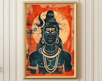 Peut inclure: Une impression d'art numérique représentant une silhouette bleue et noire de la divinité hindoue Shiva sur un fond rouge et orange. L'impression a un aspect vieilli et délabré.