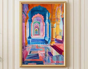 May include: A colorful abstract painting of an ornate hallway with arches and columns. The painting is done in shades of pink, blue, yellow, and orange. The hallway is reflected in the floor, creating a sense of depth and perspective.