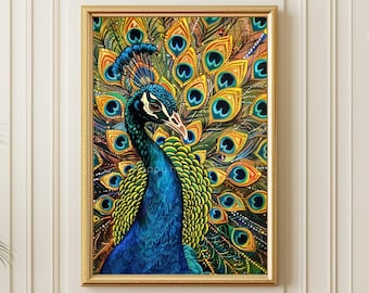 Peacock Digital Painting Indian Wall Art, Mughal Art Print Nature Artwork Living Room Decor, Exotic Bird Gift, Kalamkari Poster