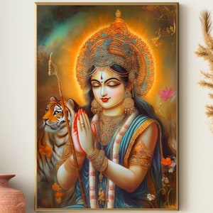 Durga Poster, Durga Painting, Durga Goddess Praying Art, Maa Durga Print, Hindu God Meditating Artwork on Canvas and Poster