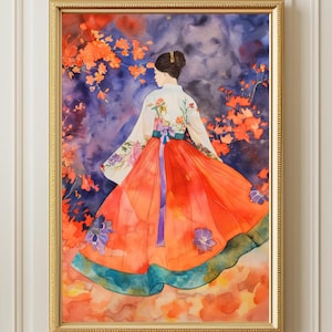 Korean Art Painting Hanbok Korea Art Gift, Korean Wall Decor Woman in Hanbok Canvas Watercolor Painting and Poster
