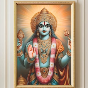 Vishnu Painting, Hindu God Art, Indian Deities Wall Decor, Traditional Hinduism Poster, Puja Decoration Canvas and Print