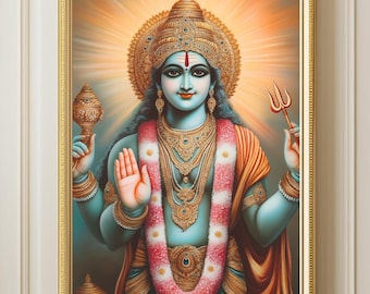 Dipinto di Vishnu, arte indù, decorazione murale di divinità indiane, poster dell'induismo tradizionale, tela e stampa per la decorazione Puja