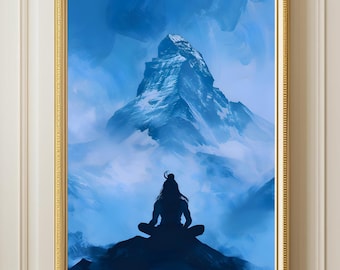Shiva Meditating Painting, Lord Shiva Art, Hindu God Poster, Mount Everest Print