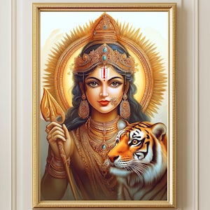 Durga Maa with Tiger Painting, Indian Goddess Poster Decor, Hindu Gods, Dashain Goddess Durga Digital Download, Printable Wall Art