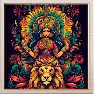DURGA Poster, Hindu Deity Durga Painting, Navratri Print, Goddess Durga Maa Art, Dashain Gods Wall Decor,