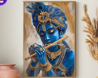 Krishna Painting, Hindu God Art, Lord Krishna and Flute Canvas, Hinduism Wall Art, Puja Room Decoration