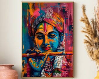 Arte del Signore Krishna, pittura del dio indù, opera d'arte induista, decorazione murale indiana colorata, tela e poster religiosi spirituali