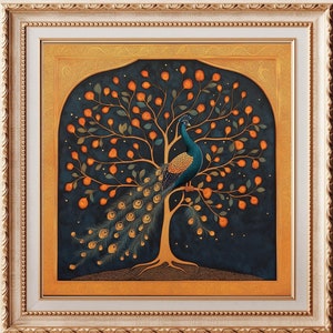 Indian Peacock Pichwai Painting, Traditional Kalamkari Wall Decor, Vintage Indian Folk Art, Floral Tree of Life Canvas and Poster