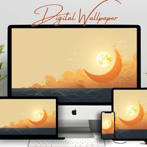 May include: Digital wallpaper featuring a crescent moon with a full moon inside, set against a background of swirling clouds and a dark blue ocean. The moon is a warm orange color, and the clouds are a soft yellow.