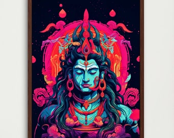 May include: A digital illustration of Shiva, a Hindu deity, with a blue face and long black hair. He is surrounded by a colorful mandala with pink, red, and blue accents. The background is dark blue with a starry effect.