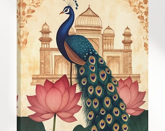Arte en lienzo Pichwai, pintura de pavo real indio con flor de loto para colgar en la pared, decoración del palacio mogol, arte Pichwai