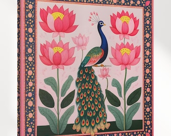 Pintura de pavo real indio con flor de loto, arte mural, decoración floral rosa, impresión en lienzo Pichwai