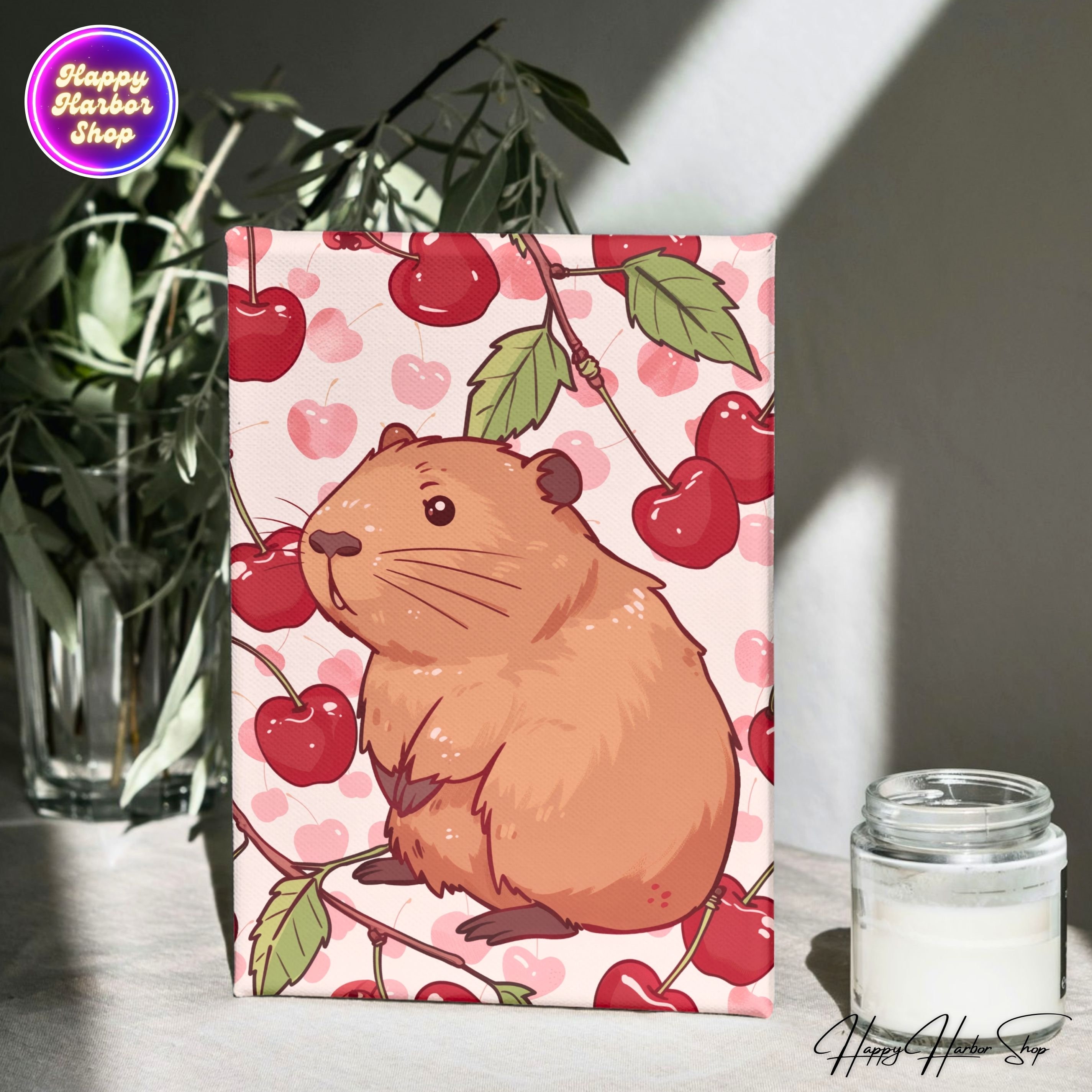 Capybara Art Red Cherry Print, Pink Aesthetic Wall Art Animal Poster ...