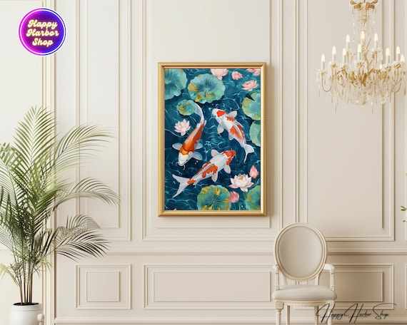 Lotus pond and Koi fish art, Gouache painting, Koi painting, Wall Art Print