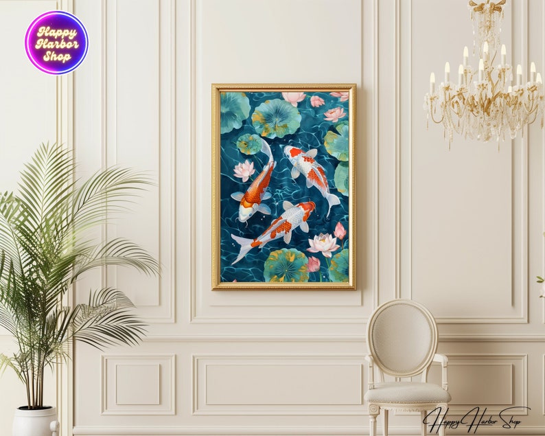 May include: A framed print of three orange and white koi fish swimming in a blue pond with pink and white lotus flowers. The pond is surrounded by green lily pads.