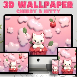 3D Cute Puffy Cat Cherries Desktop Digital Wallpaper, Pillow Aesthetic Background, Kawaii Screensaver, PC Background, Instant Download