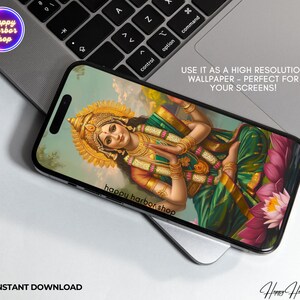 Lakshmi, Bogini Lakshmi Malarstwo, Ilustracja Lakshmi, Hindu Wall Art Print, Plakat Diwali, Lakshmi na Lotosowym Kwiecie Dzieło Sztuki, Pobieranie Cyfrowe zdjęcie 3