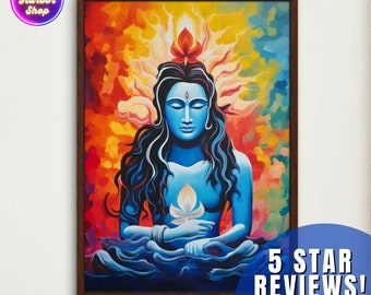 Puede incluir: Una pintura de una persona meditando en posición de loto. La persona tiene el pelo largo y negro y lleva una túnica azul. El fondo es una mezcla vibrante de naranja, amarillo y rojo.