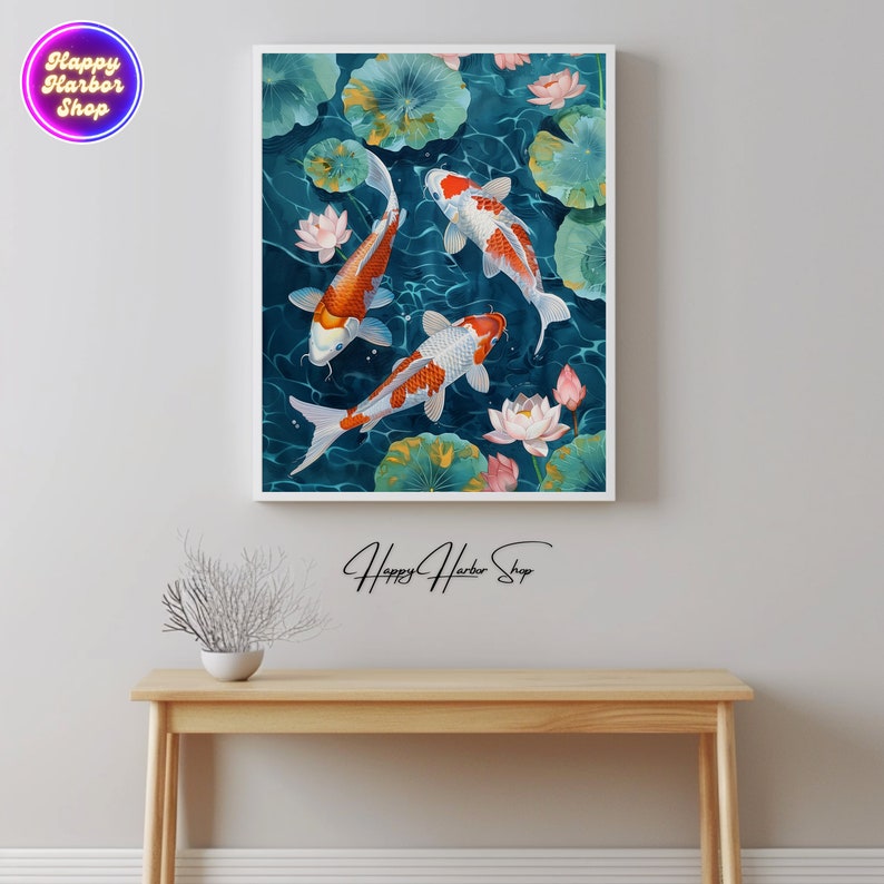 May include: Three orange and white koi fish swim in a blue pond with green lily pads and pink lotus flowers.