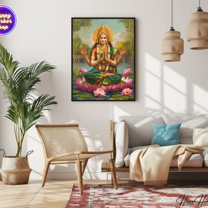 Lakshmi, Bogini Lakshmi Malarstwo, Ilustracja Lakshmi, Hindu Wall Art Print, Plakat Diwali, Lakshmi na Lotosowym Kwiecie Dzieło Sztuki, Pobieranie Cyfrowe zdjęcie 4