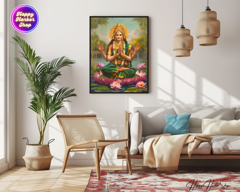 Lakshmi, Bogini Lakshmi Malarstwo, Ilustracja Lakshmi, Hindu Wall Art Print, Plakat Diwali, Lakshmi na Lotosowym Kwiecie Dzieło Sztuki, Pobieranie Cyfrowe zdjęcie 4