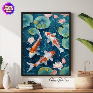 May include: Three orange and white koi fish swim in a blue pond with green lily pads and pink lotus flowers.