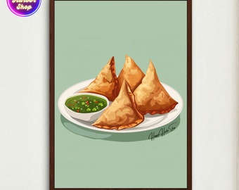 Samosa Art, Modern Asian Kitchen Decor, India Food Art Print, Indian Pastry Artwork, Home & Dining, Food Lover Gift Desi food, Snack