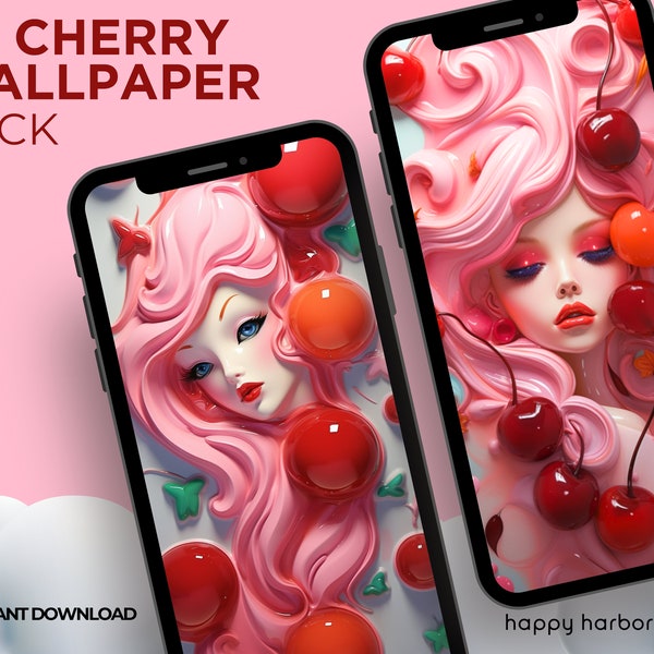 3D Aesthetic Cherry Wallpaper for Mobile Phone, 3D Android iOS iPhone Samsung Wallpaper, Lock Screen, Inflated 3D Phone Wallpaper Artistic