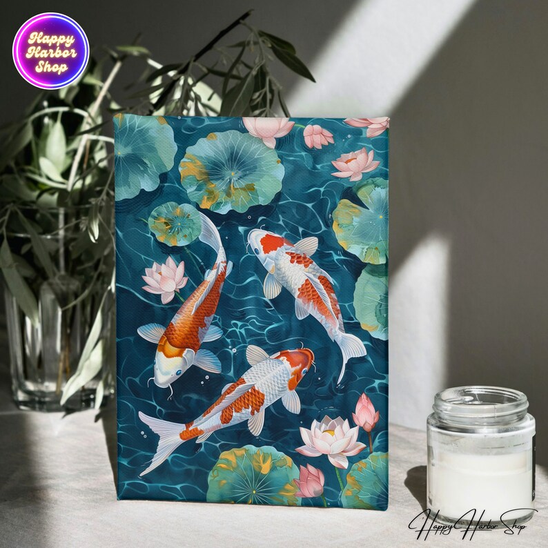 May include: A blue canvas print with three orange and white koi fish swimming in a pond with pink lotus flowers. The background is a dark blue with white water ripples.