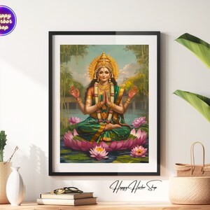 Lakshmi, Bogini Lakshmi Malarstwo, Ilustracja Lakshmi, Hindu Wall Art Print, Plakat Diwali, Lakshmi na Lotosowym Kwiecie Dzieło Sztuki, Pobieranie Cyfrowe zdjęcie 5