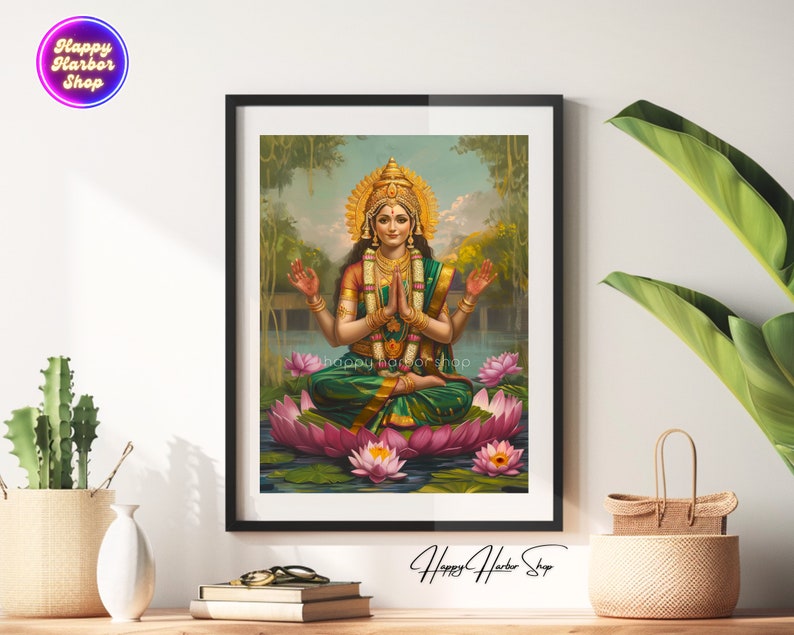 Lakshmi, Bogini Lakshmi Malarstwo, Ilustracja Lakshmi, Hindu Wall Art Print, Plakat Diwali, Lakshmi na Lotosowym Kwiecie Dzieło Sztuki, Pobieranie Cyfrowe zdjęcie 5