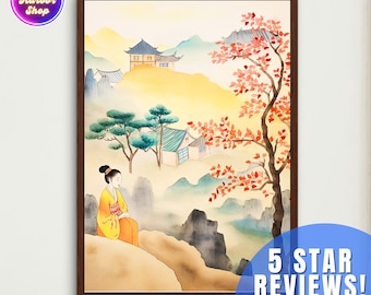 Impressão de pintura de paisagem asiática, pintura em aquarela coreana tradicional, arte de parede oriental