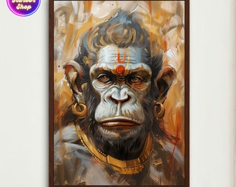 Hanuman Ji oljemålning hinduisk gud porträtt väggkonst Rama indisk konst kanvas