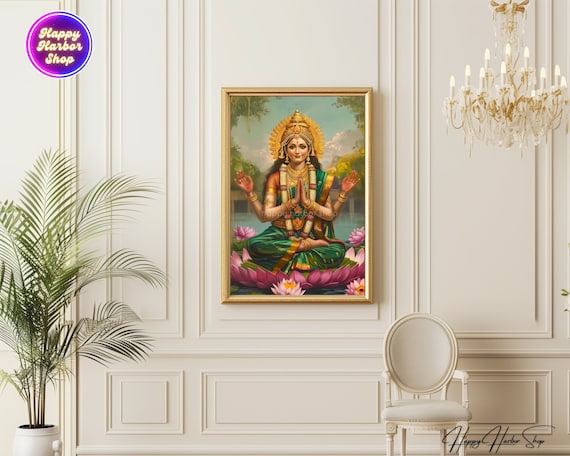 Lakshmi, Goddess Lakshmi Painting, Laxmi Illustration, Hindu Wall Art Print, Diwali Poster, Laxmi on Lotus Flower Artwork, Digital Download