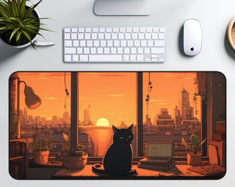 Studio Ghibli Deskmat, Sunset Cat Lofi Mouse Pad, Aesthetic Lofi Desk Decor, Cute Cat Sunset Desk Pad, Kawaii Mouse Pad, Vaporwave Desk Mat