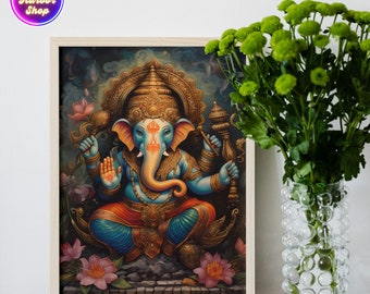 Ganesha Wall Art, Lord Ganesh Painting, Hindu God Ganesha, Hindu Wall Art Print, Hinduism Art Digital, Puja Decoration Printable