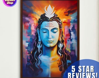 Könnte beinhalten: Ein gerahmtes Gemälde einer hinduistischen Gottheit mit blauem Gesicht und langen schwarzen Haaren. Die Gottheit ist umgeben von bunten abstrakten Formen und einem weißen Heiligenschein. Das Gemälde ist in einem dunkelbraunen Holzrahmen gerahmt.
