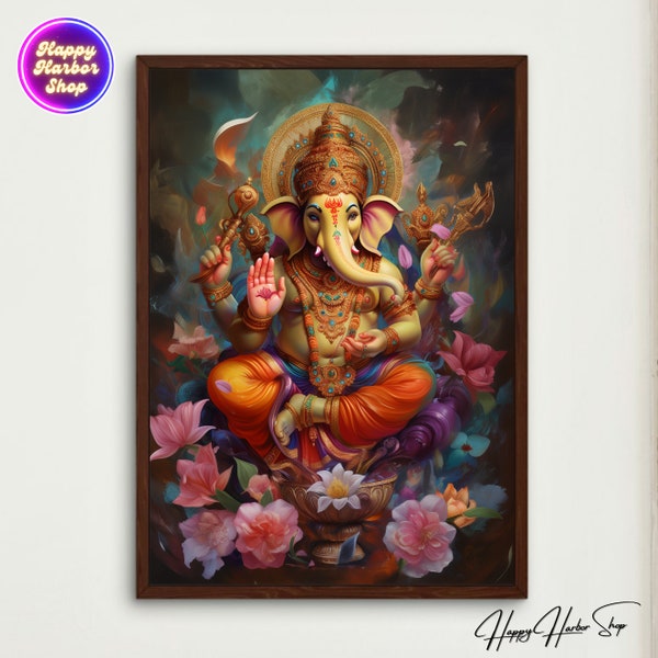 Ganesha Wall Art, Lord Ganesha Painting, Hindu God Ganesha, Hindu Wall Art Print, Hinduism Art, Mahadevi Durgati Digital, Puja Decoration