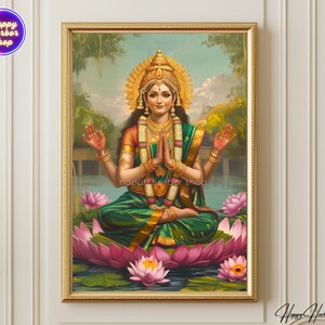 Lakshmi, Bogini Lakshmi Malarstwo, Ilustracja Lakshmi, Hindu Wall Art Print, Plakat Diwali, Lakshmi na Lotosowym Kwiecie Dzieło Sztuki, Pobieranie Cyfrowe zdjęcie 2