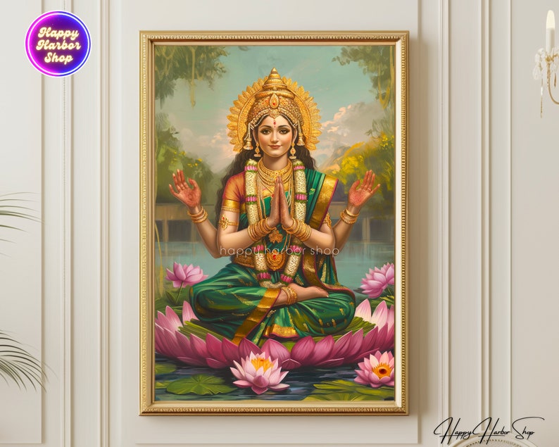 Lakshmi, Bogini Lakshmi Malarstwo, Ilustracja Lakshmi, Hindu Wall Art Print, Plakat Diwali, Lakshmi na Lotosowym Kwiecie Dzieło Sztuki, Pobieranie Cyfrowe zdjęcie 2