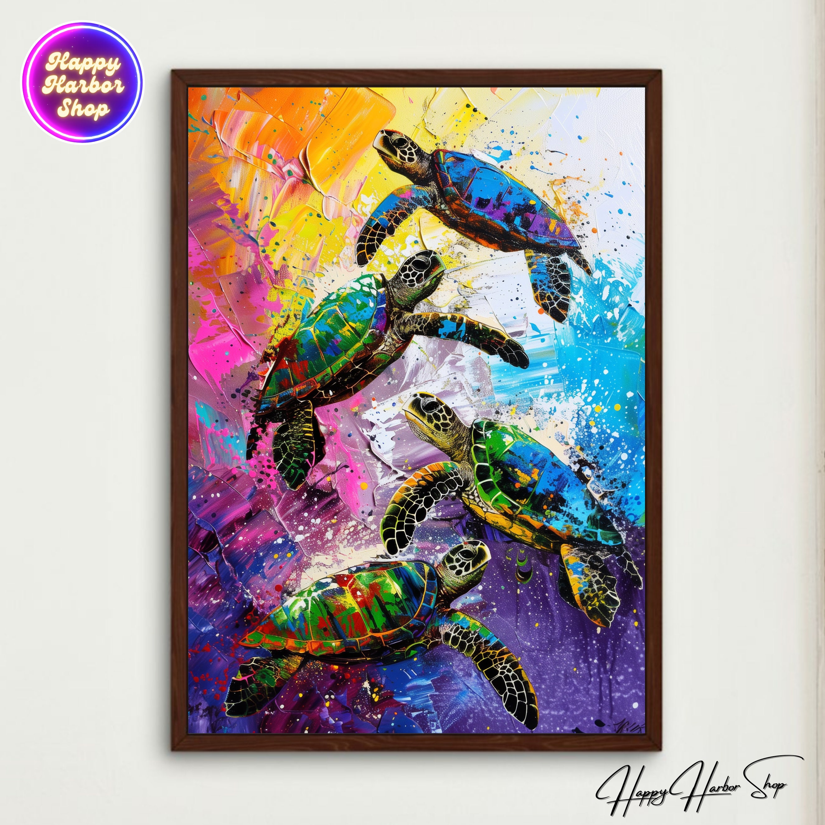 Sea Turtle Painting, Abstract Ocean Wall Art Gift, Coastal Beach House ...