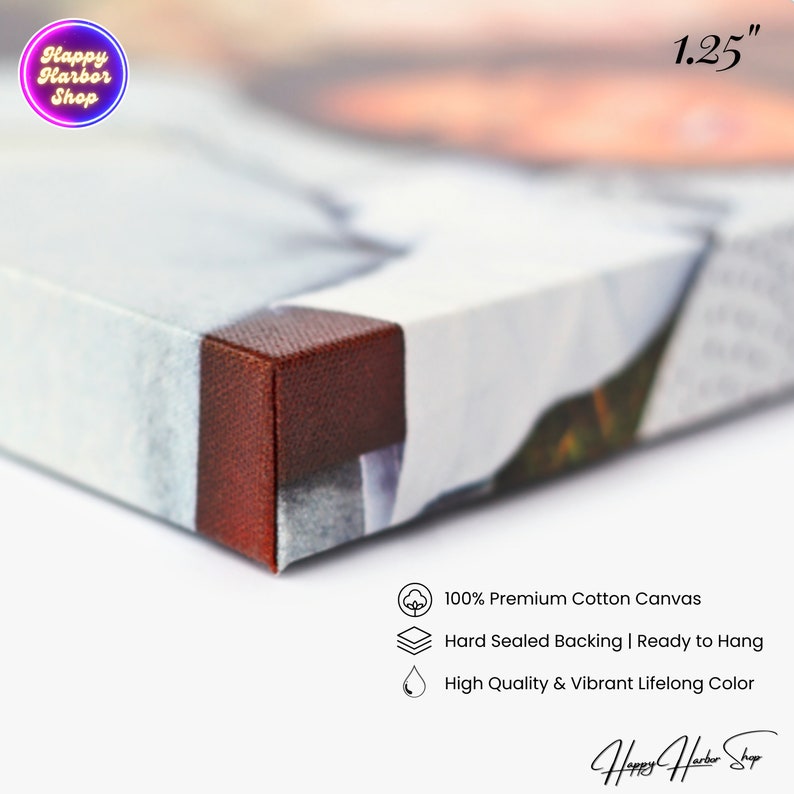 May include: Close-up of a canvas print with a brown wooden frame. The print has a 1.25 inch depth. The canvas is 100% premium cotton, has a hard sealed backing, and is ready to hang. The print features high quality and vibrant lifelong color.