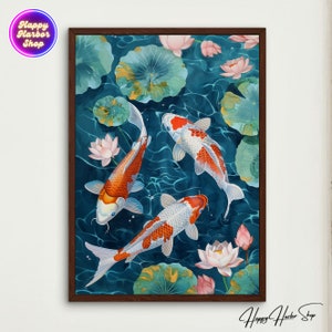 japanese koi fish painting, pond with lotus flowers and lilies